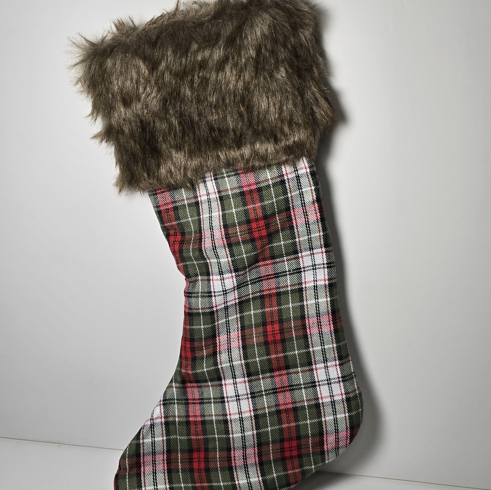Christmas stocking green red plaid multi faux fur nwt - Picture 2 of 2